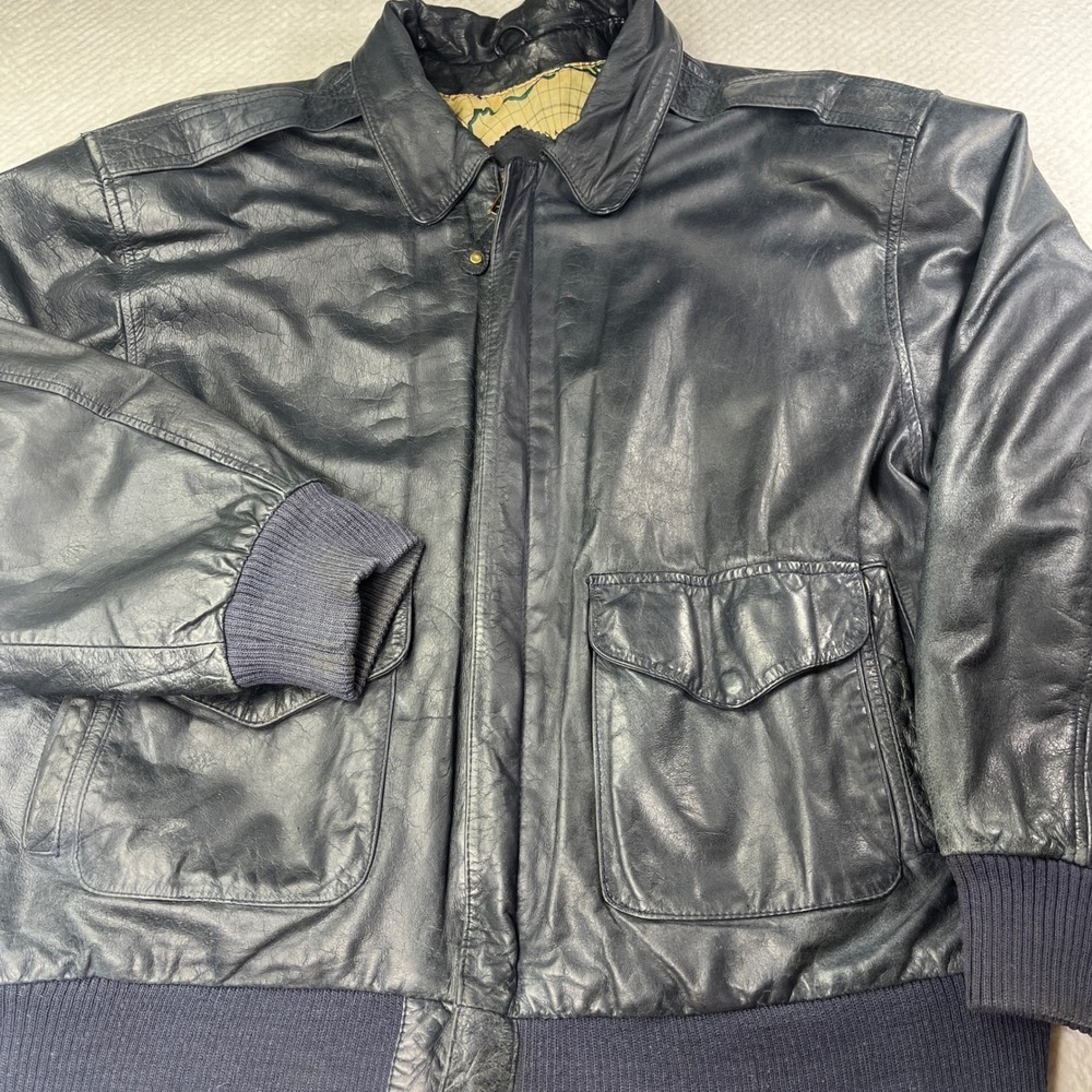 General Clothing Company Ltd Navy Blue Leather Bomber Jacket World Map Lining L